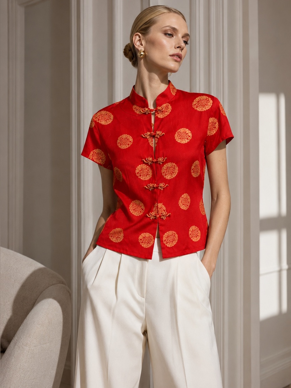 Rich Red Silk Brocade Mandarin Collar Frog Closure Y2K Oriental Top XXL NWT